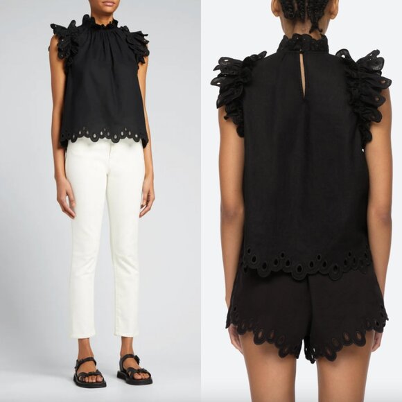 Sea Tops - $275 Sea Black Eyelet Short Sleeve Linen Natuli Blouse size Small